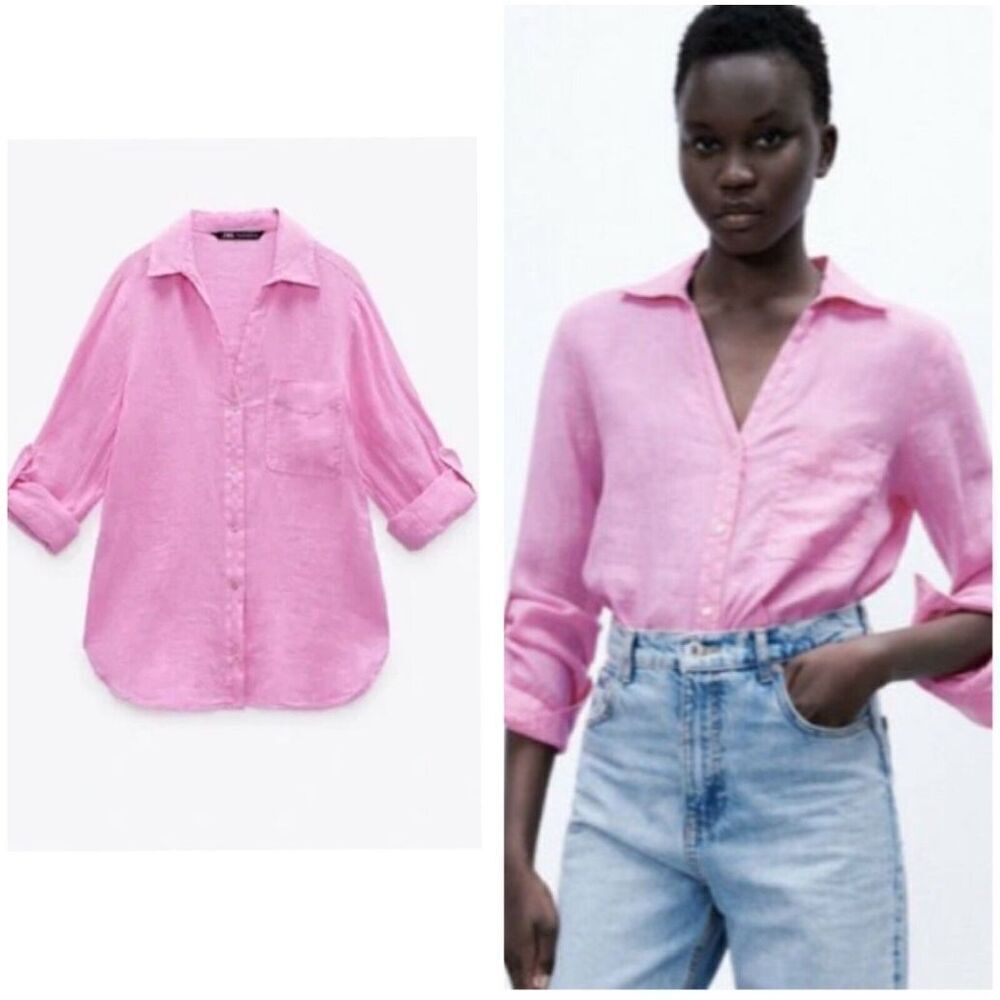 Zara Long Sleeve Linen Button Down Shirt S Pink